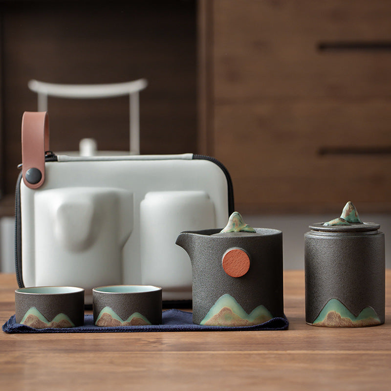Black ceramic travel tea set with Pot, 2 Cups and Canister with carrying case