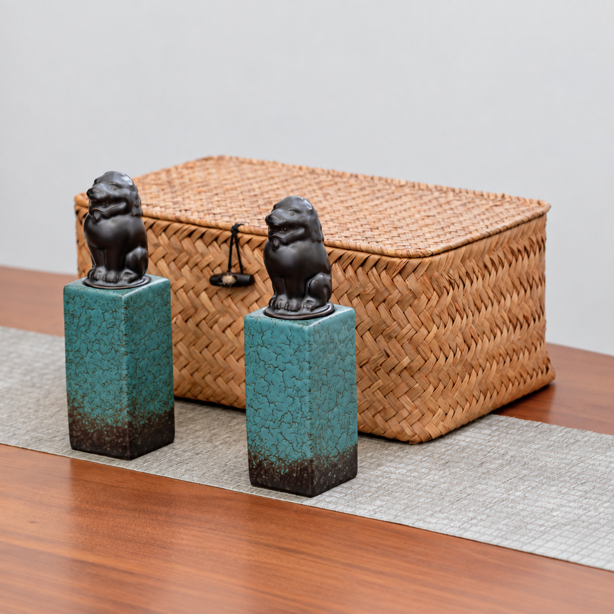 Turquoise Lion - Small Pair of ceramic tea canisters with sculpted animal lids and one woven basket