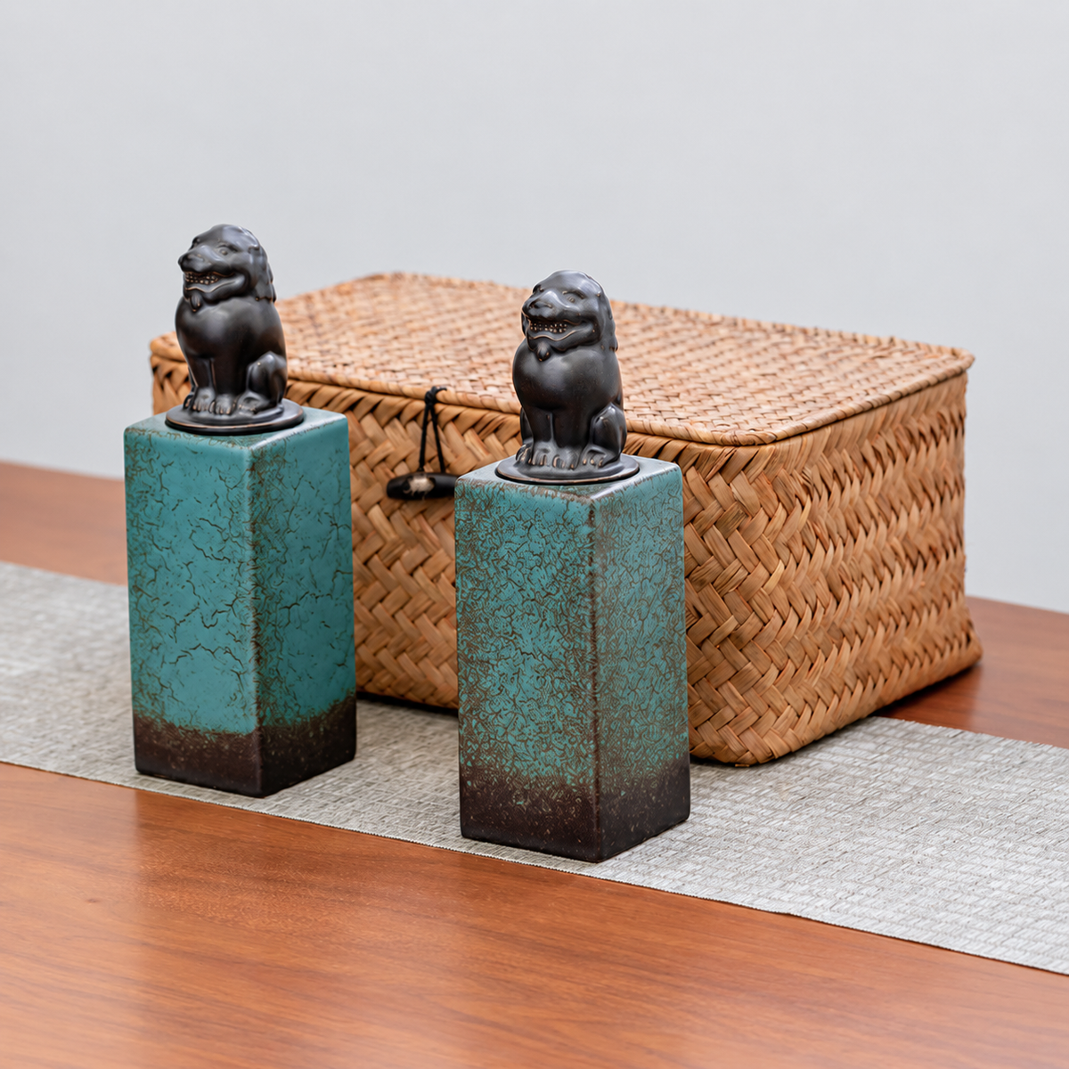 Turquoise Lion - Large Pair of ceramic tea canisters with sculpted animal lids and one woven basket