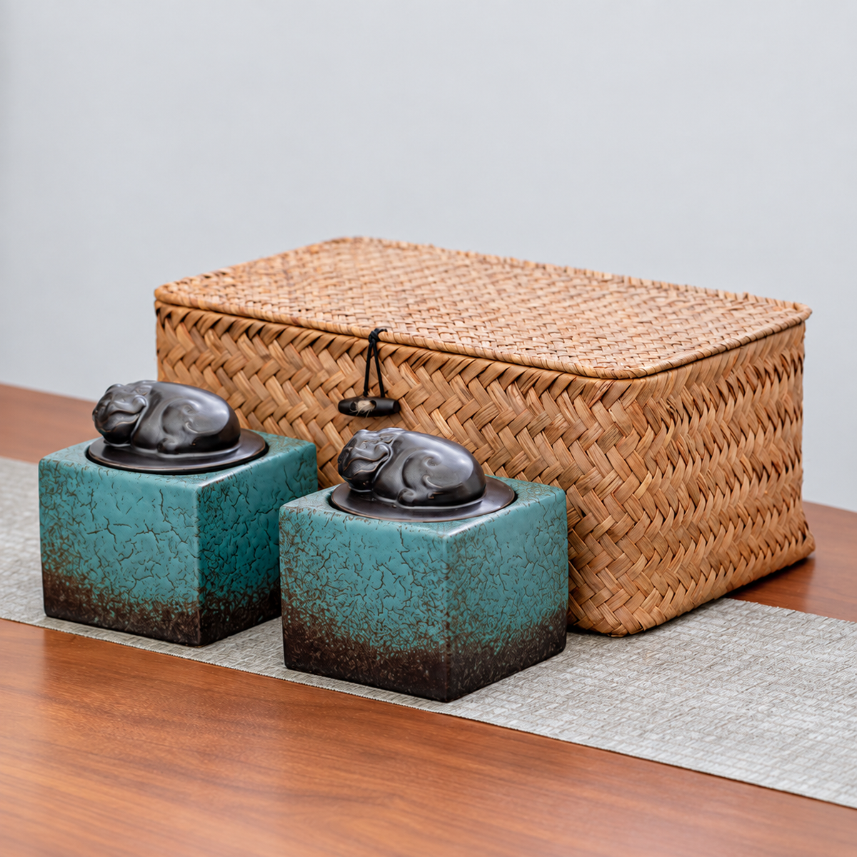 Turquoise Pixiu - Large Pair of ceramic tea canisters with sculpted animal lids and one woven basket