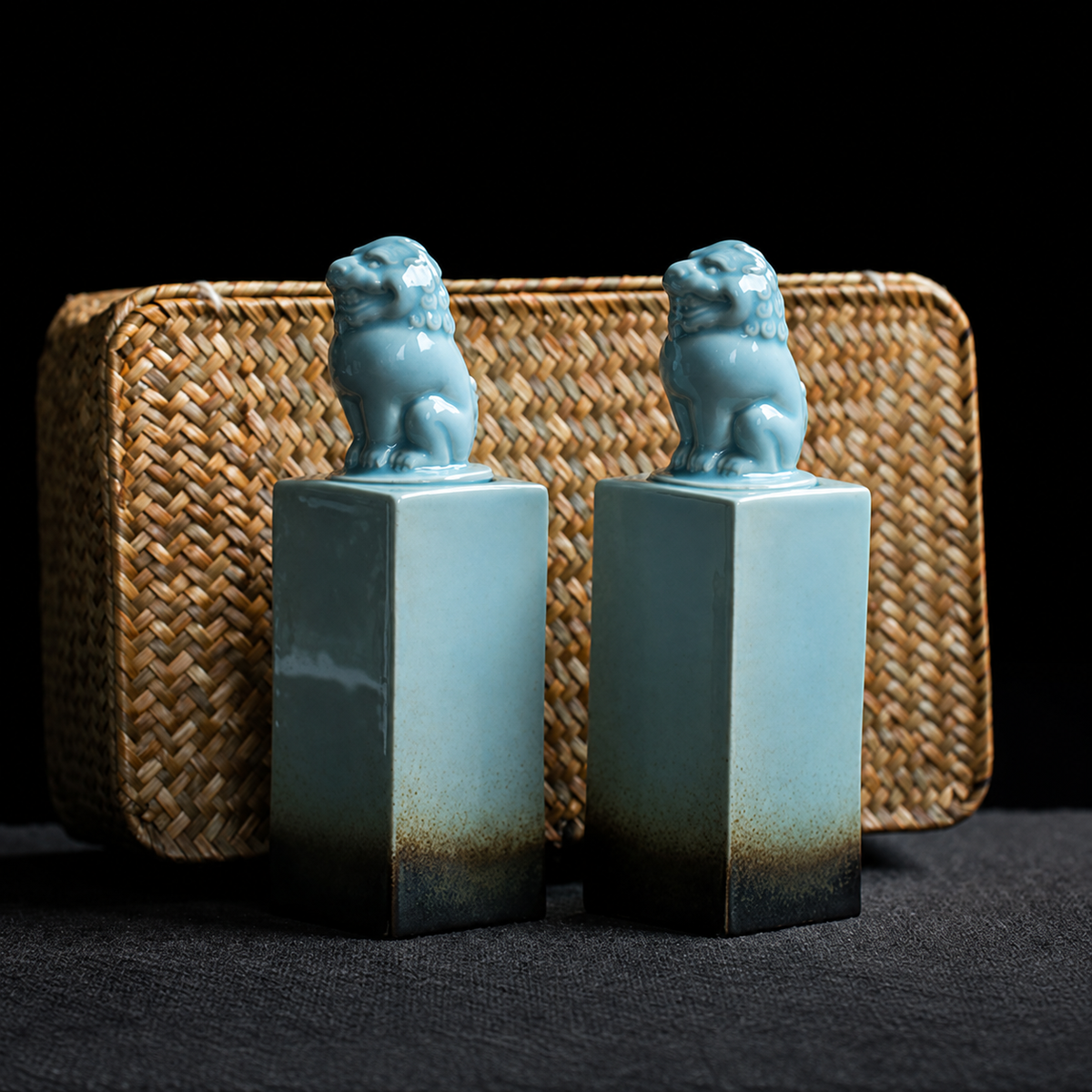 Celadon Lion - Large Pair of ceramic tea canisters with sculpted animal lids and one woven basket