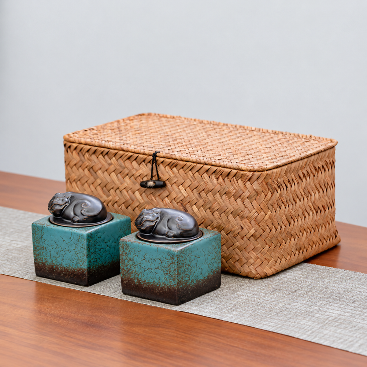 Turquoise Pixiu - Small Pair of ceramic tea canisters with sculpted animal lids and one woven basket