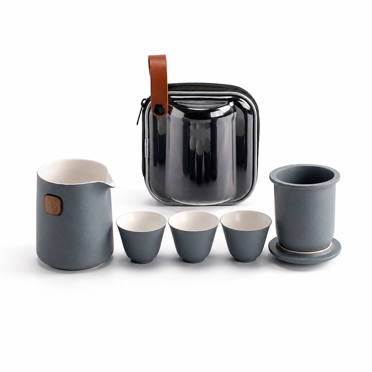Slate Gray ceramic travel tea set with server, infuser, lid, three cups and clear case
