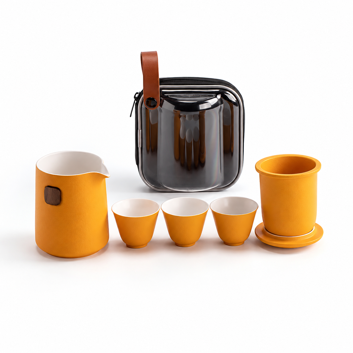 Golden Yellow ceramic travel tea set with server, infuser, lid, three cups and clear case