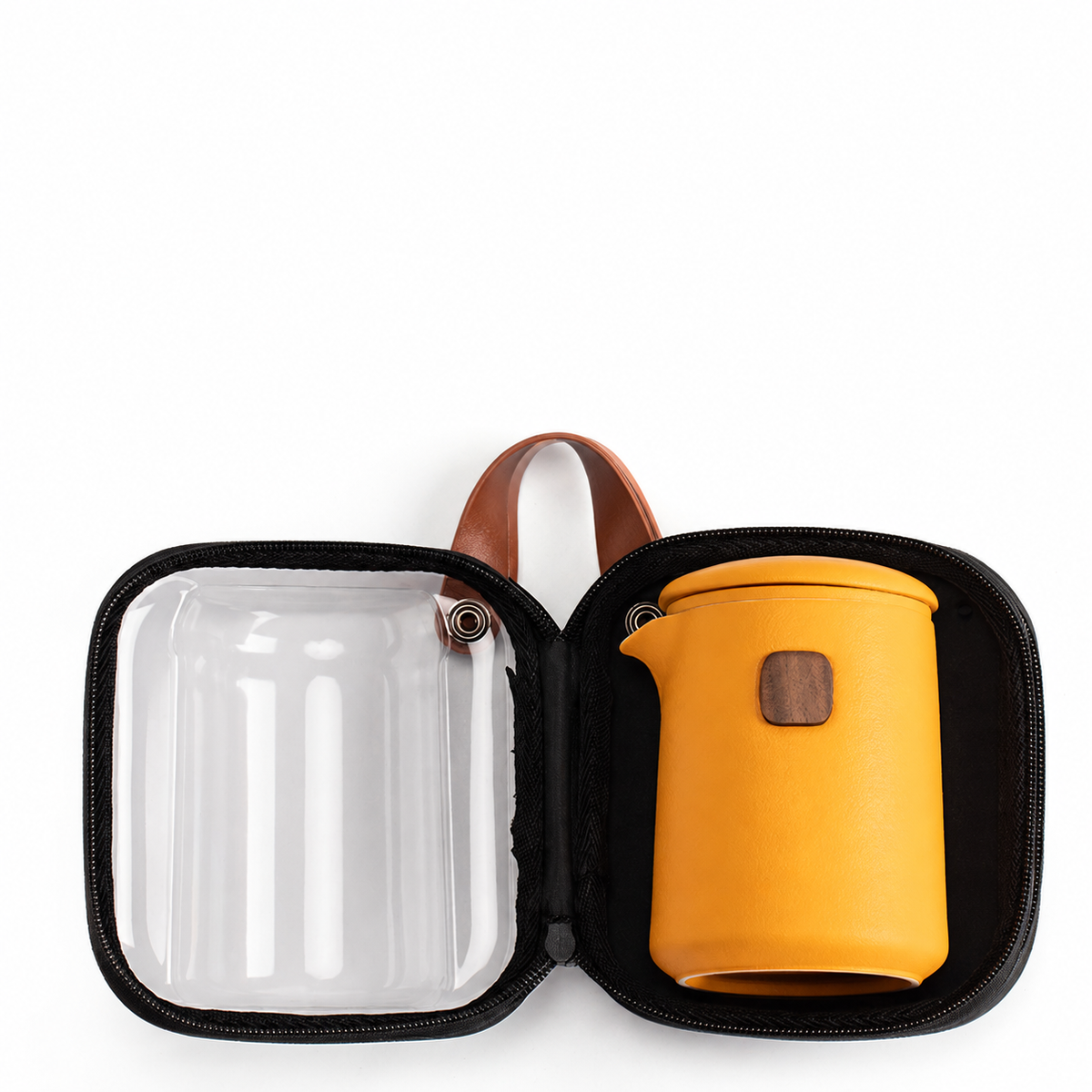 Golden yellow ceramic tea set nested inside its open clear zip carrying case