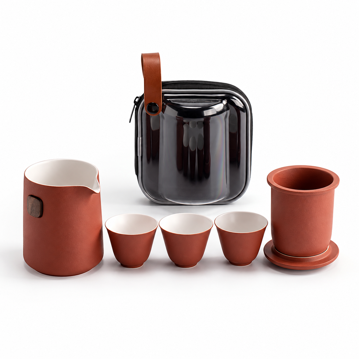 Terracotta Red ceramic travel tea set with server, infuser, lid, three cups and clear case