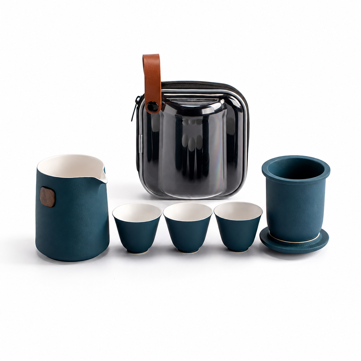 Navy Blue ceramic travel tea set with server, infuser, lid, three cups and clear case