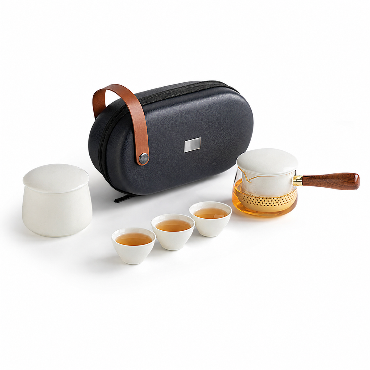 White ceramic With Jar glass travel tea set with three cups and carrying case