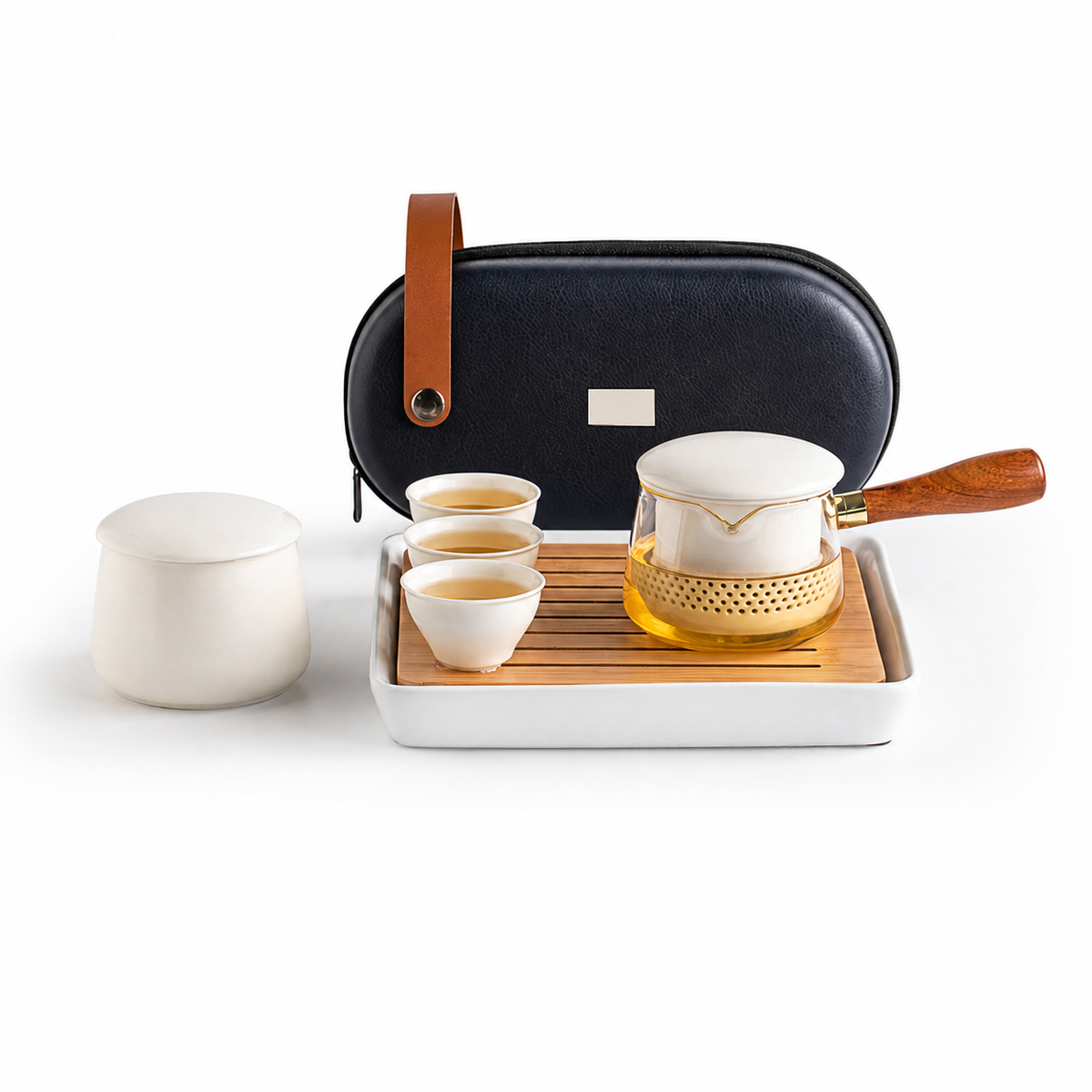 White ceramic With Jar and Tray glass travel tea set with three cups and carrying case