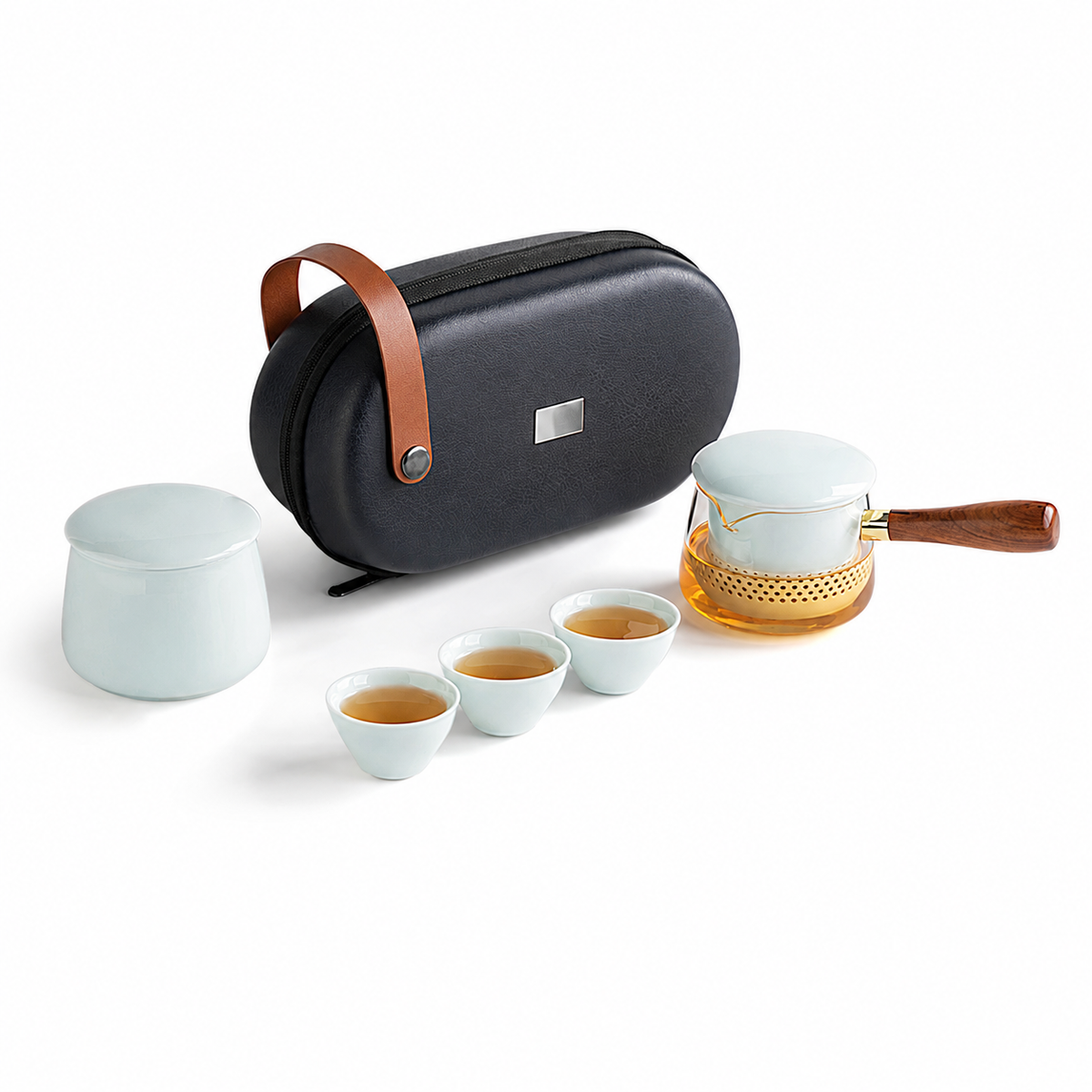Celadon ceramic With Jar glass travel tea set with three cups and carrying case