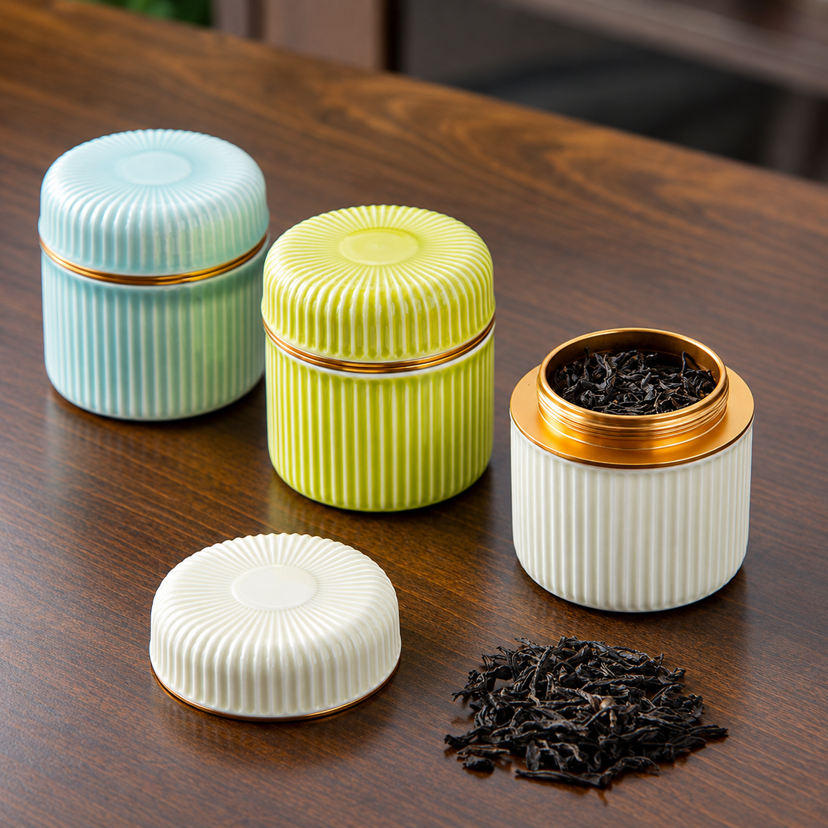 Ribbed ceramic tea jars showing an open ivory jar, threaded gold-colored collar and matching lid; tea leaves are styling