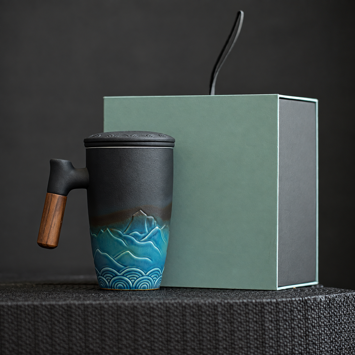 Ocean Blue / Tall Mountain ceramic tea infuser mug with a wooden grip and plain fitted presentation box