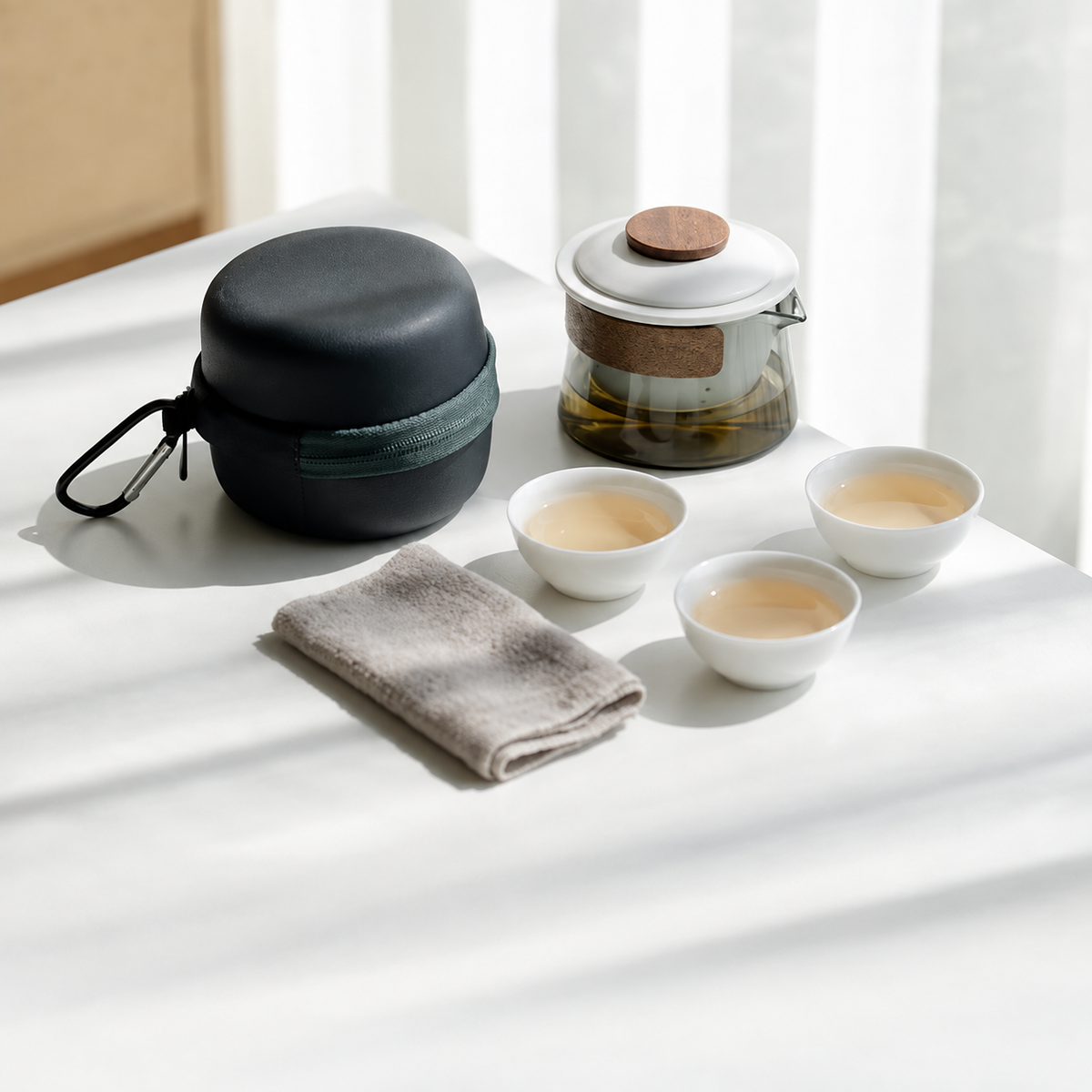 White glass and ceramic travel tea set with three cups, cloth and round carrying case