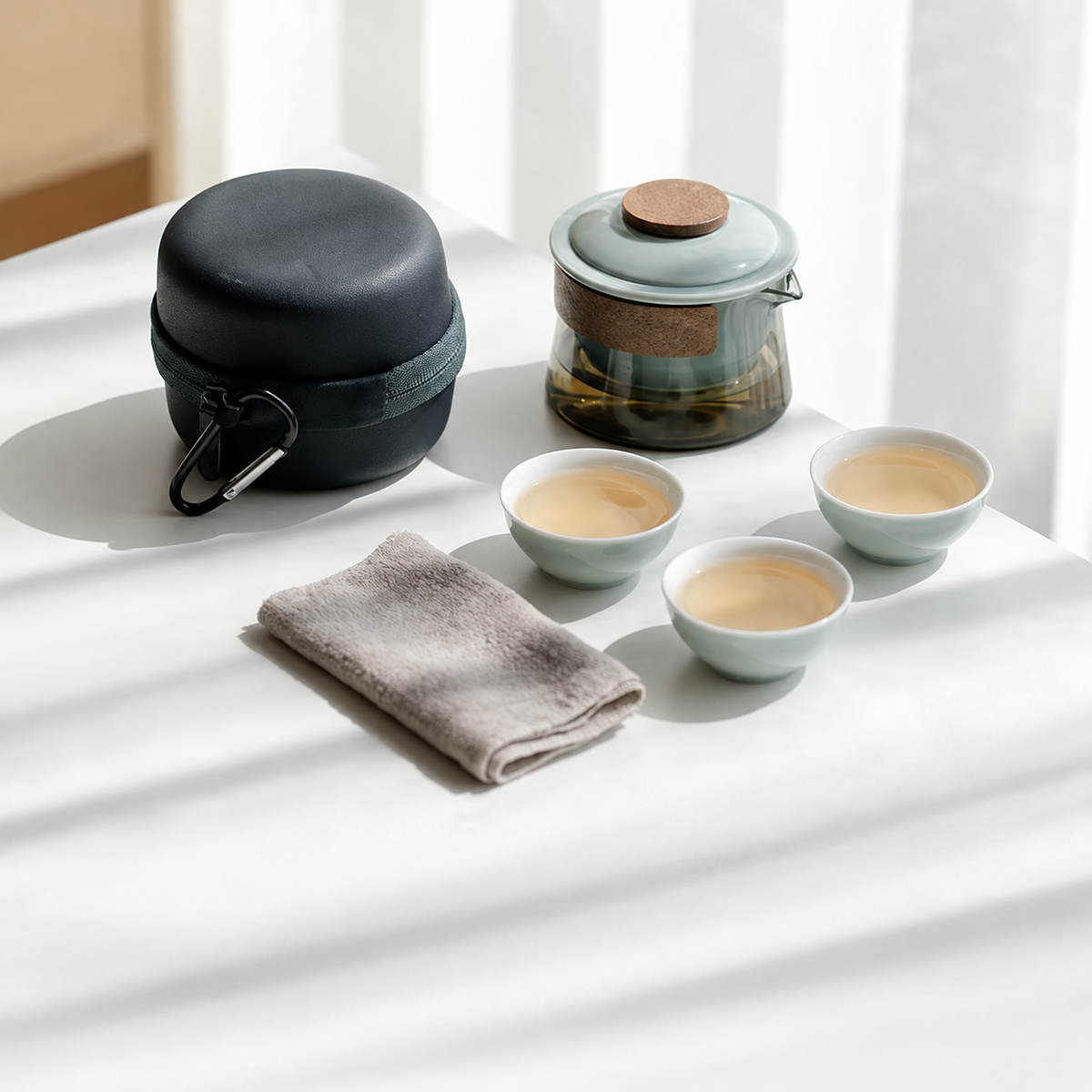 Celadon glass and ceramic travel tea set with three cups, cloth and round carrying case