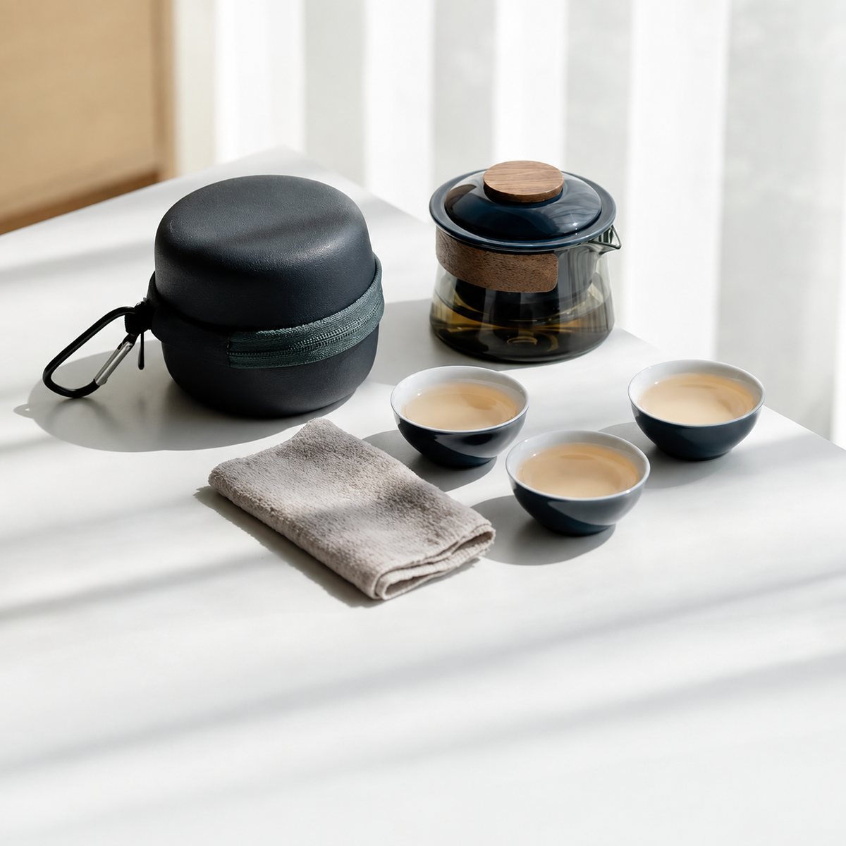 Deep blue glass and ceramic travel tea set with three cups, cloth and round carrying case