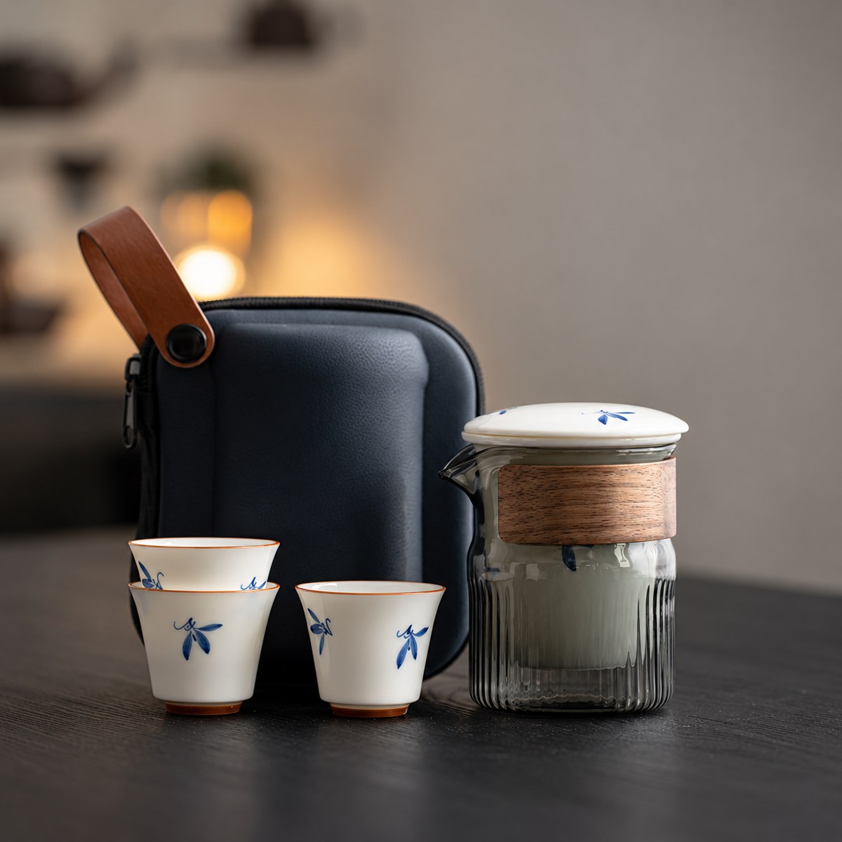 Blue Floral / Smoked Glass / Three Cups travel tea set with its included pieces and actual carrying packaging