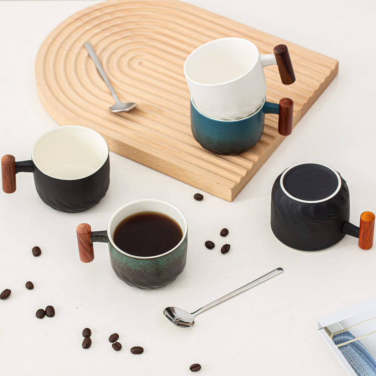Different wood handle cup colors shown together for comparison