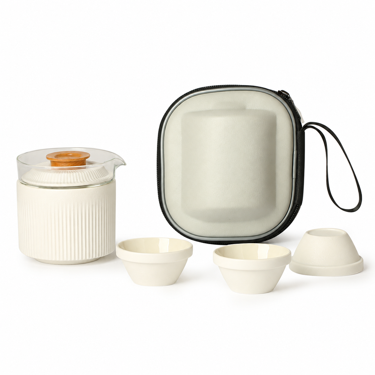 White ribbed ceramic travel tea set with three cups
