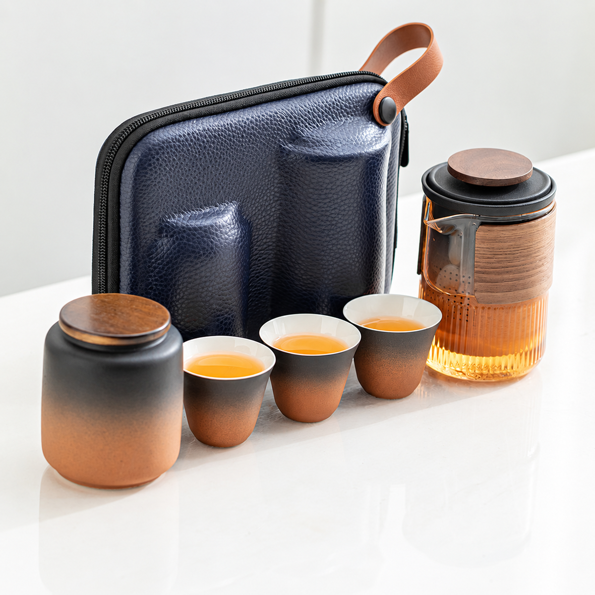 Ribbed glass travel tea set: Clear Glass / Gradient Amber / With Tea Jar