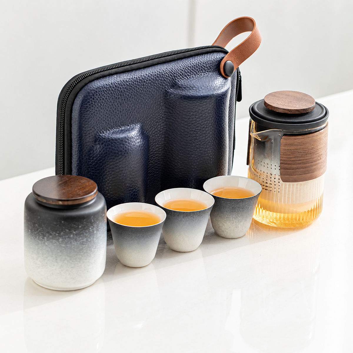 Ribbed glass travel tea set: Clear Glass / Gradient White / With Tea Jar