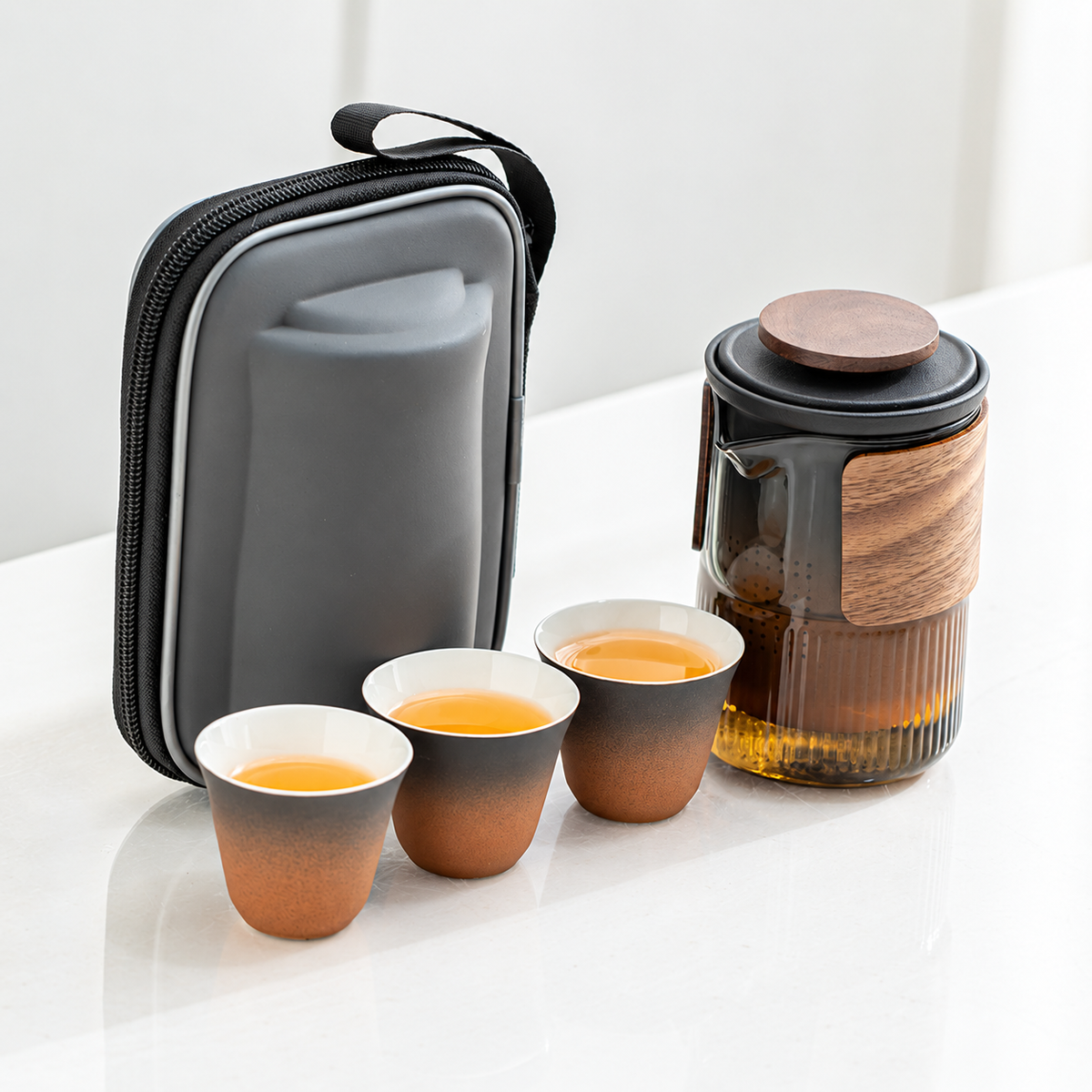 Ribbed glass travel tea set: Smoke Glass / Gradient Amber