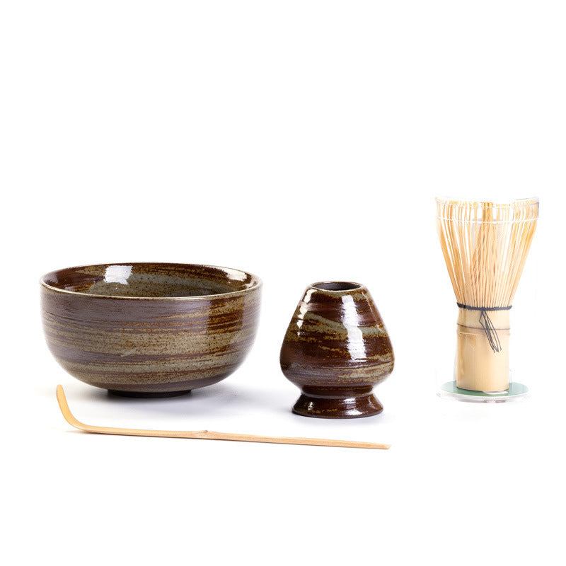 Brown glazed ceramic matcha bowl, whisk holder, bamboo whisk and scoop