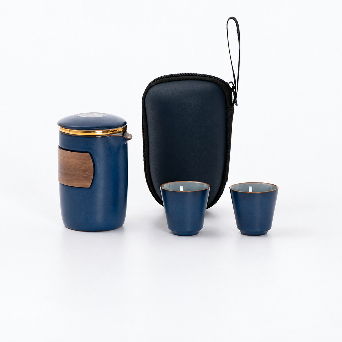 Wood grip ceramic travel cup: Blue / Brewer and 2 Cups