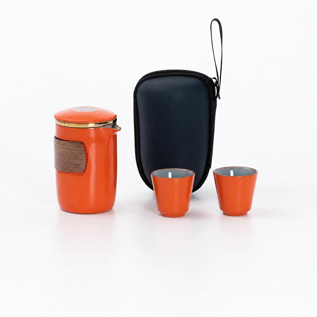 Wood grip ceramic travel cup: Orange / Brewer and 2 Cups