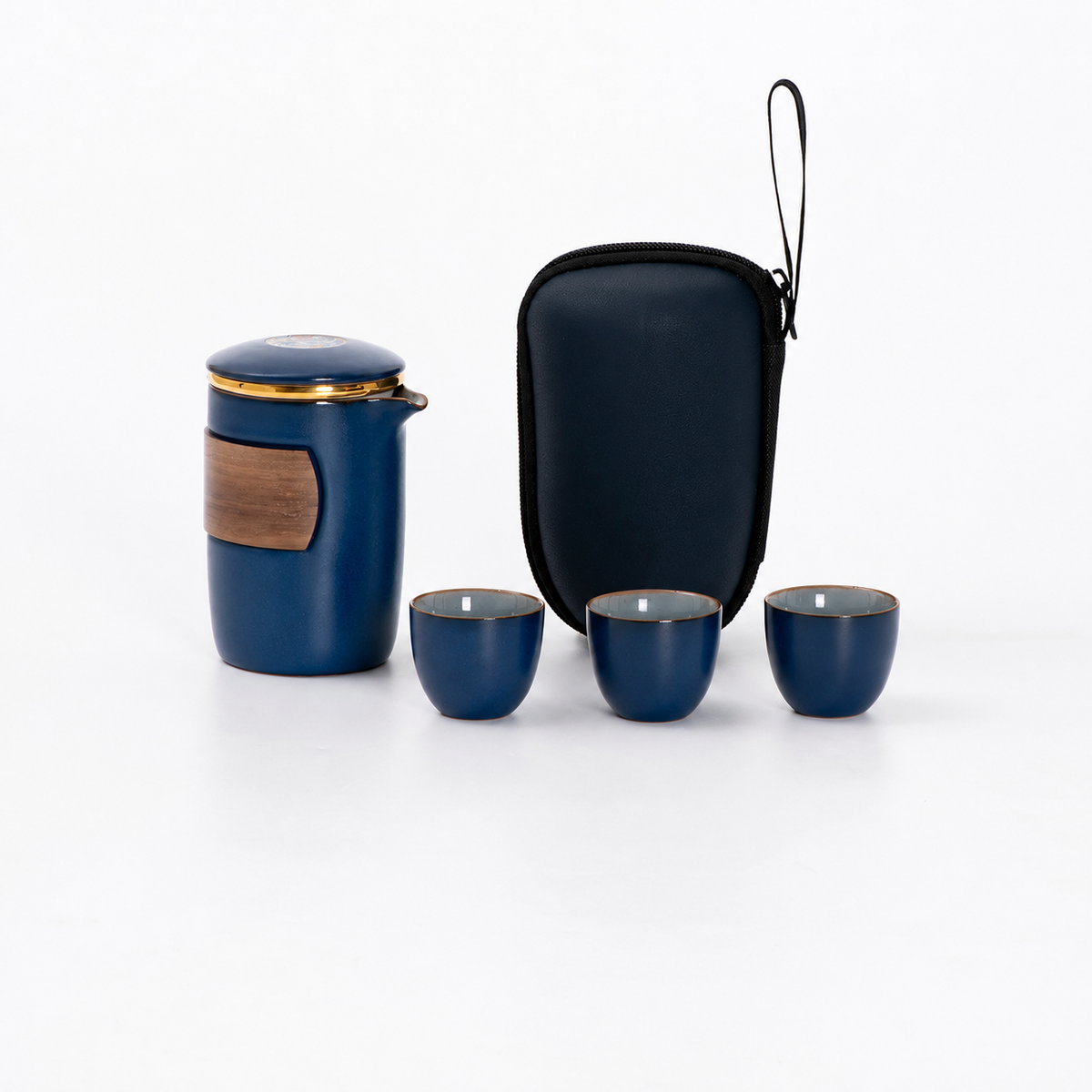 Wood grip ceramic travel cup: Blue / Brewer and 3 Cups