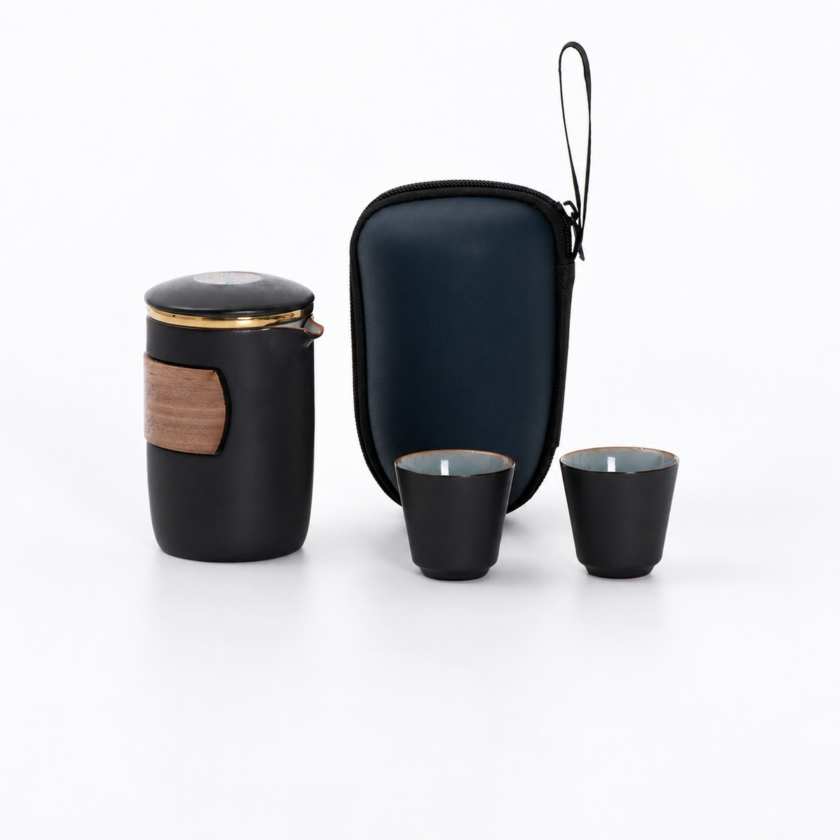 Wood grip ceramic travel cup: Matte Black / Brewer and 2 Cups