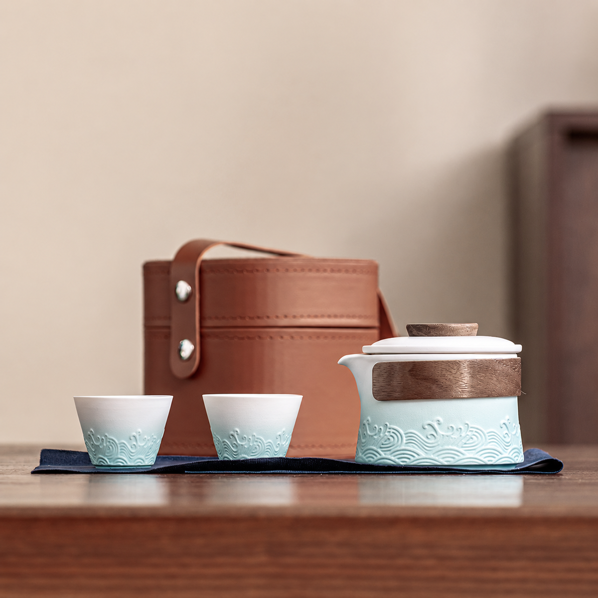 White and Mint / Brown Carry Case wave relief ceramic travel tea set with two cups