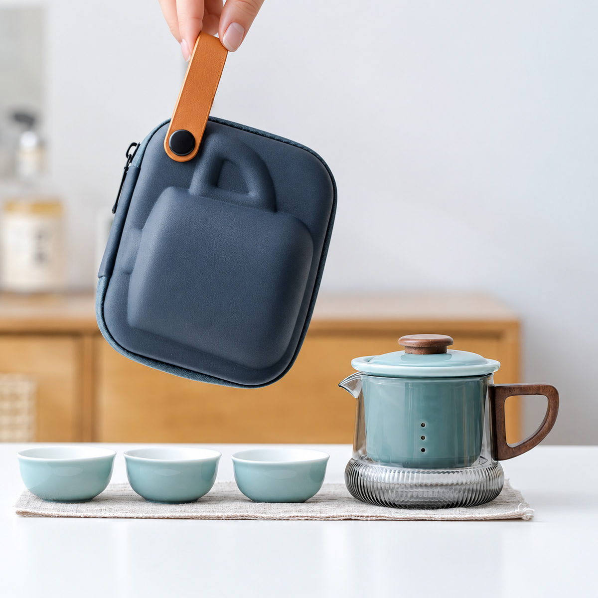 Celadon / Smoked Glass glass travel tea set with ceramic infuser and three cups