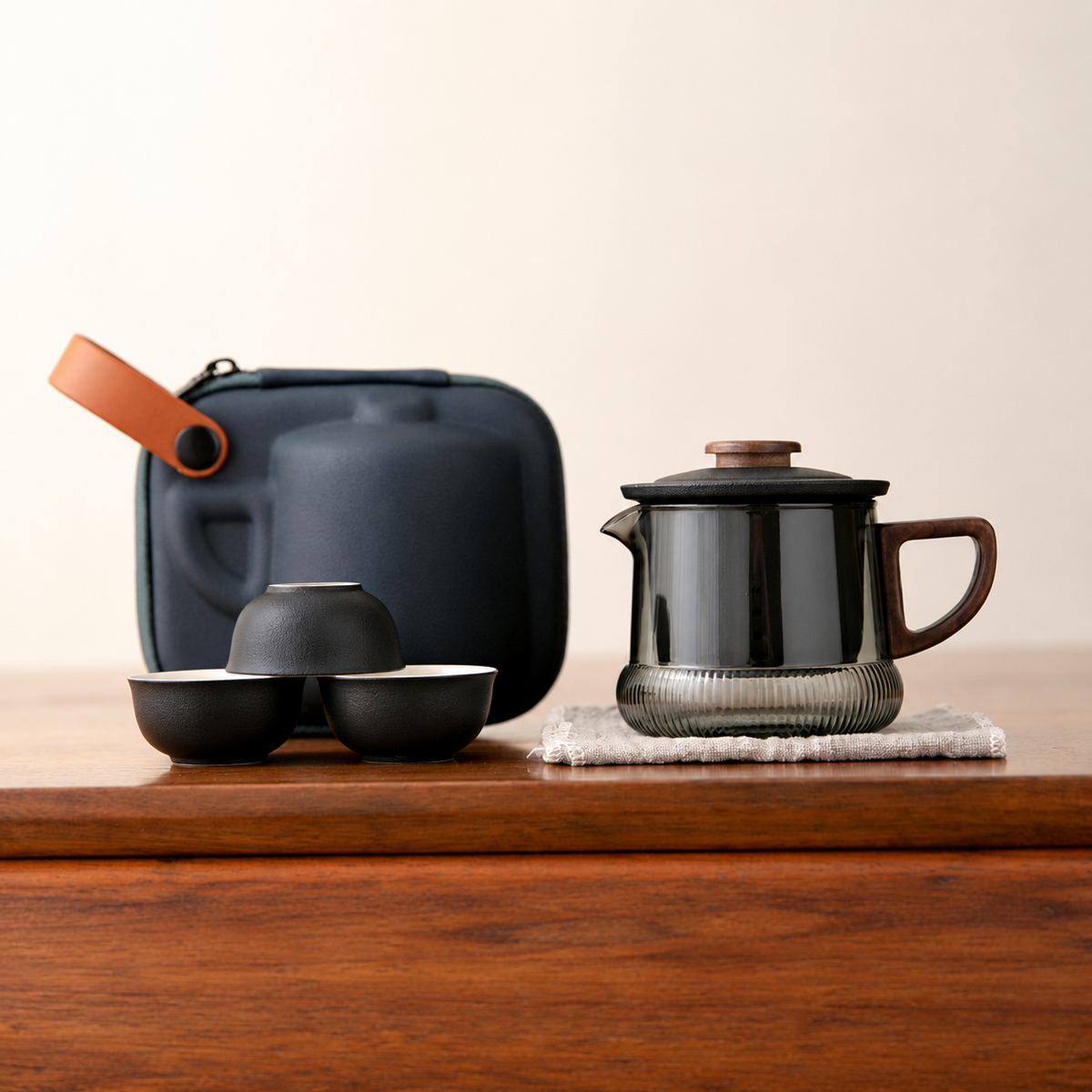 Matte Black / Smoked Glass glass travel tea set with ceramic infuser and three cups