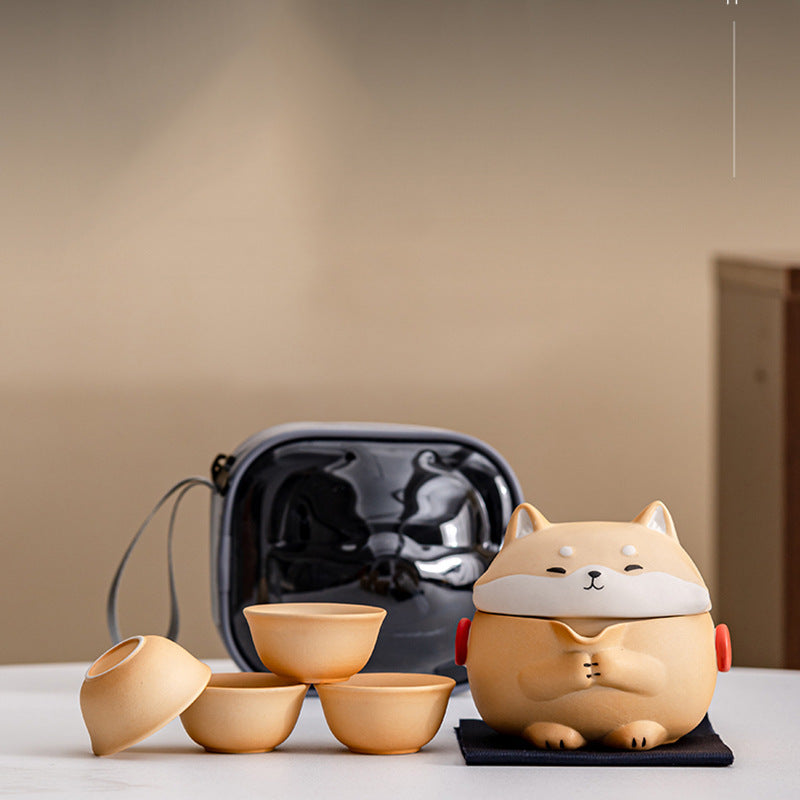 Shiba dog shaped ceramic tea brewing pot with four cups and carry case