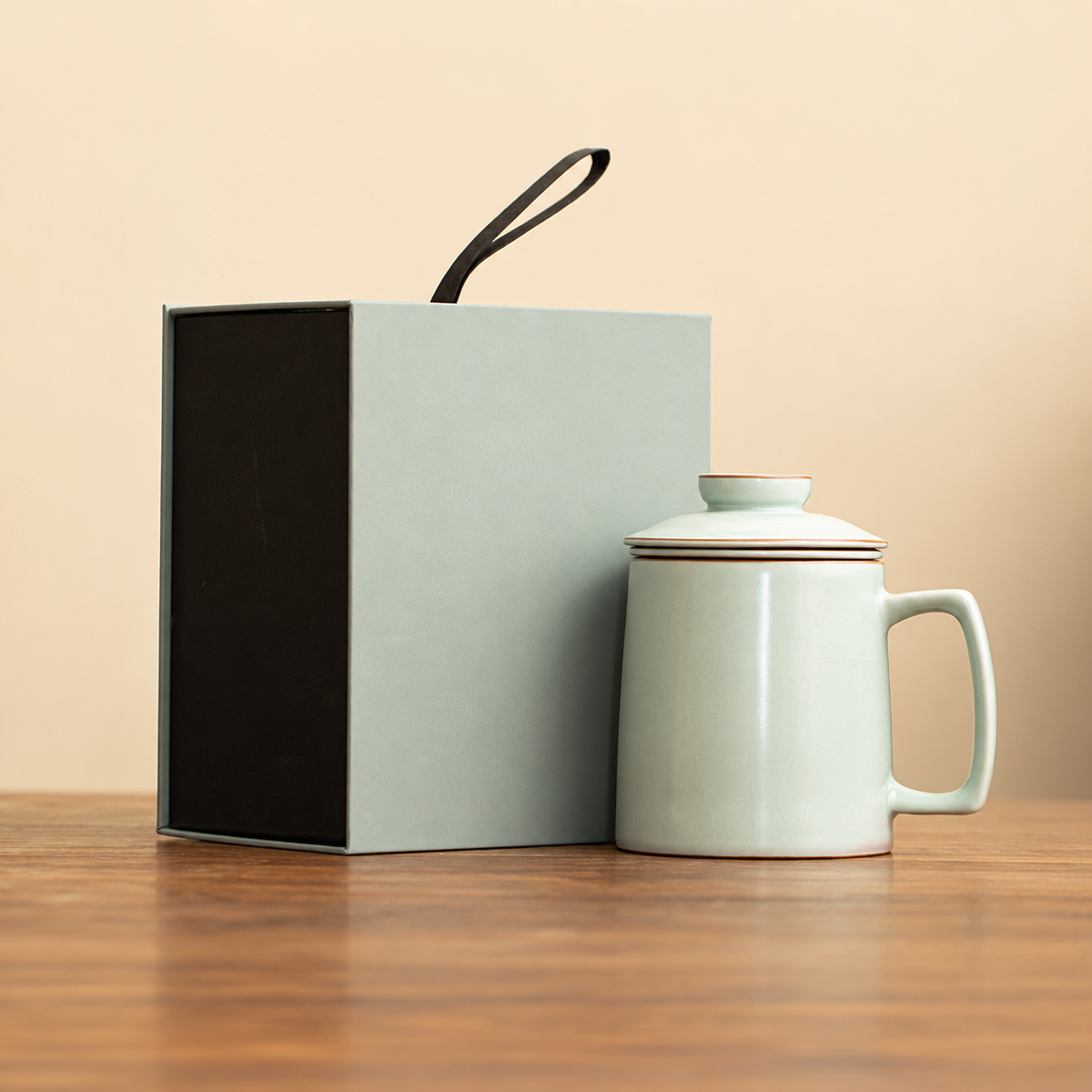 Crackle glaze ceramic tea mug in celadon / straight style with gift box