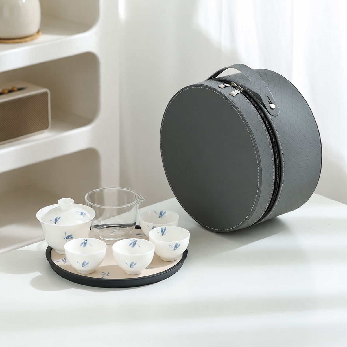 Four cup gaiwan travel tea set: blue butterfly / gray case