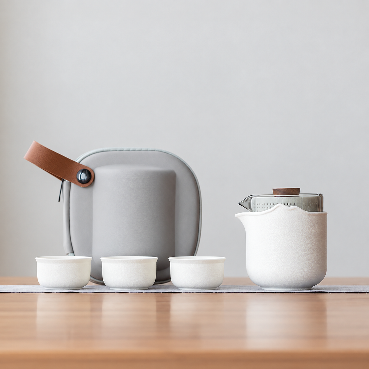 White nested glass and ceramic travel tea set, classic configuration, with three cups and gray case
