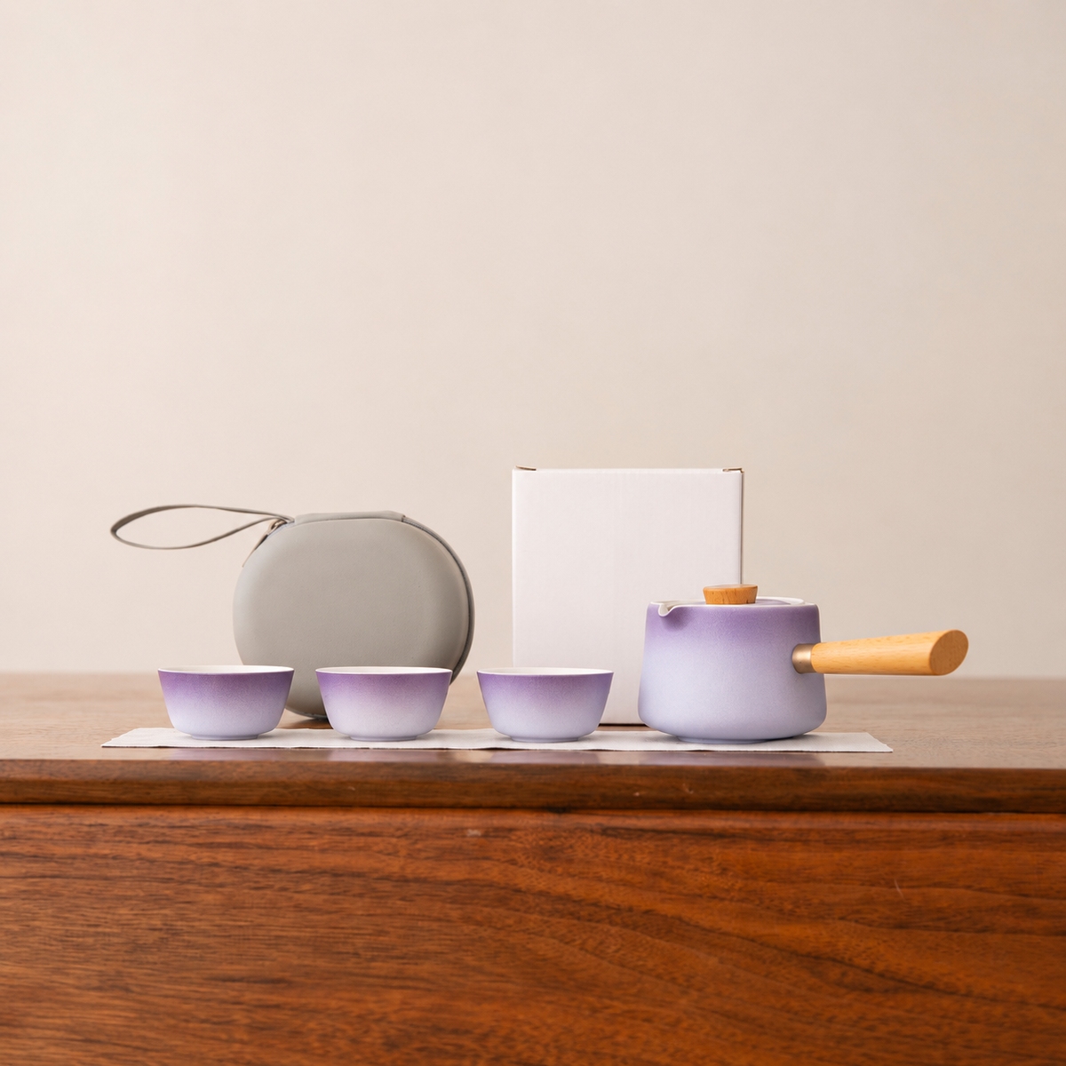 Lavender Gradient side-handle ceramic travel tea set with three cups