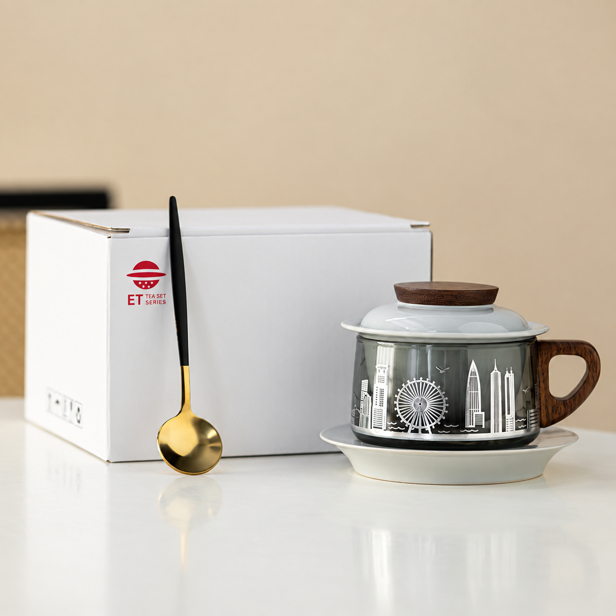 Shenzhen skyline glass tea mug with ceramic lid, saucer, spoon and white English-labelled box