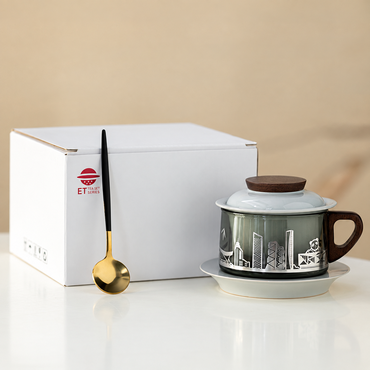 Chengdu skyline glass tea mug with ceramic lid, saucer, spoon and white English-labelled box