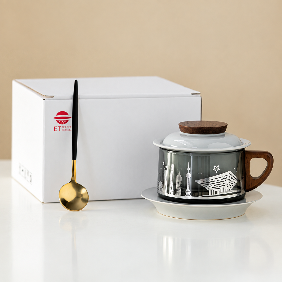 Shanghai skyline glass tea mug with ceramic lid, saucer, spoon and white English-labelled box