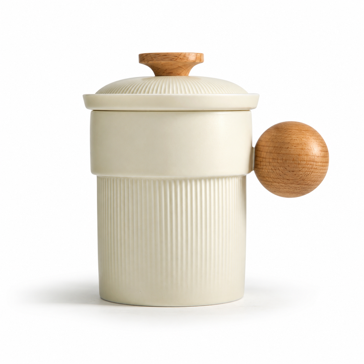 Cream yellow ribbed ceramic tea infuser mug with wooden ball handle
