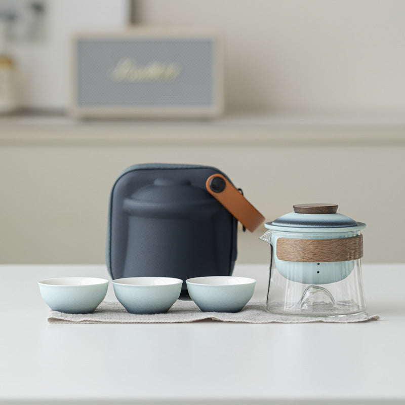 Iridescent Green / Clear Glass mountain-base glass brewer with ceramic infuser, three cups and blue carrying case