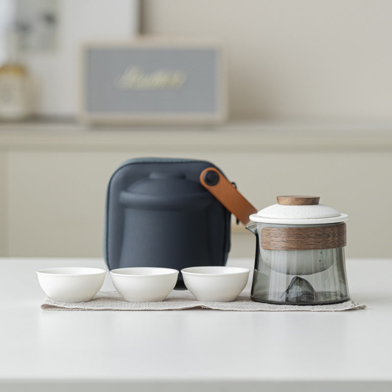 Matte White / Gray Glass mountain-base glass brewer with ceramic infuser, three cups and blue carrying case