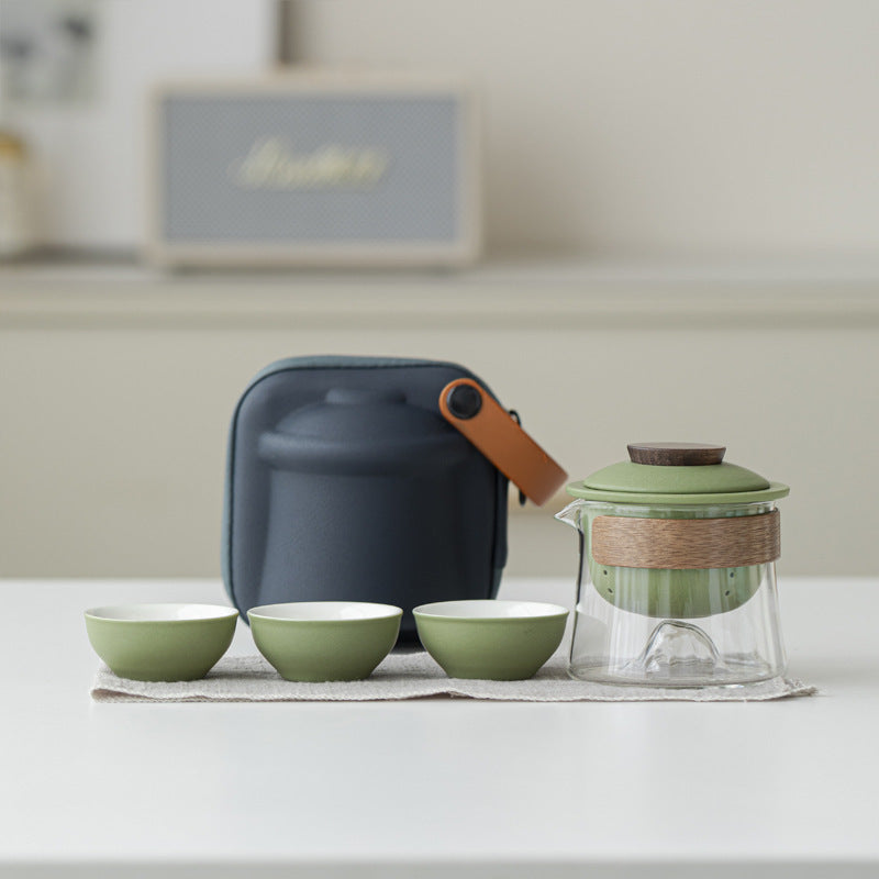 Matte Green / Clear Glass mountain-base glass brewer with ceramic infuser, three cups and blue carrying case