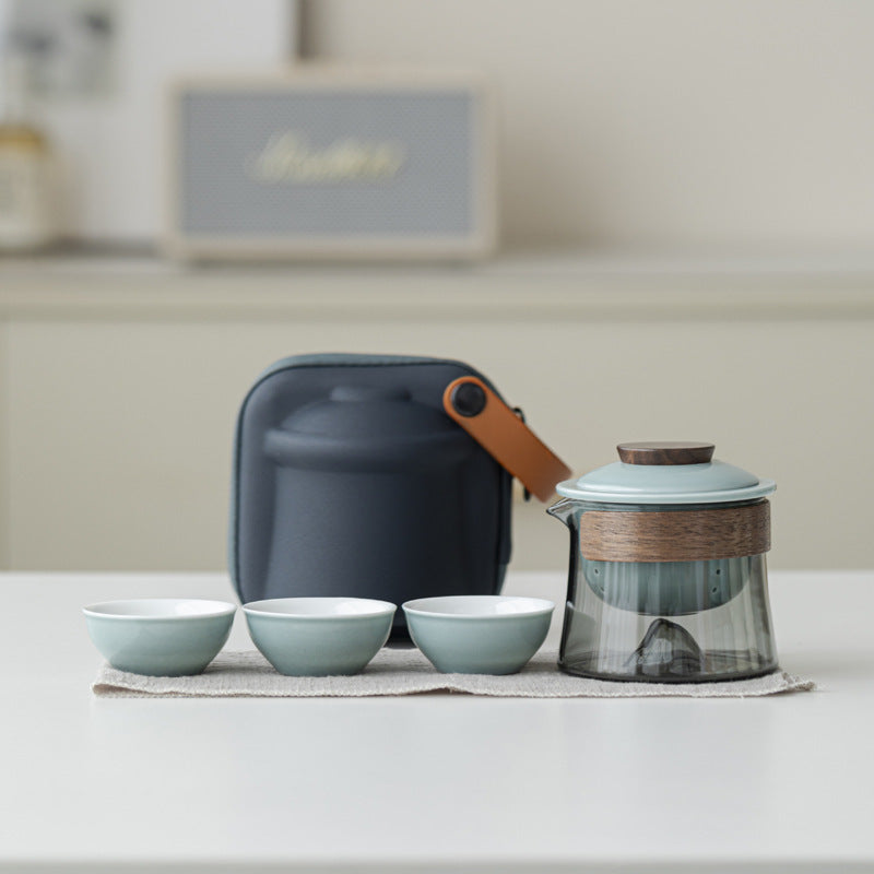 Pale Celadon / Gray Glass mountain-base glass brewer with ceramic infuser, three cups and blue carrying case