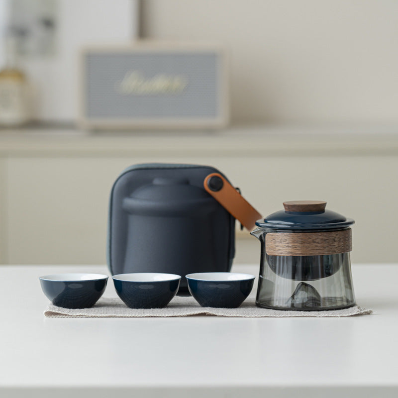 Glossy Blue / Gray Glass mountain-base glass brewer with ceramic infuser, three cups and blue carrying case