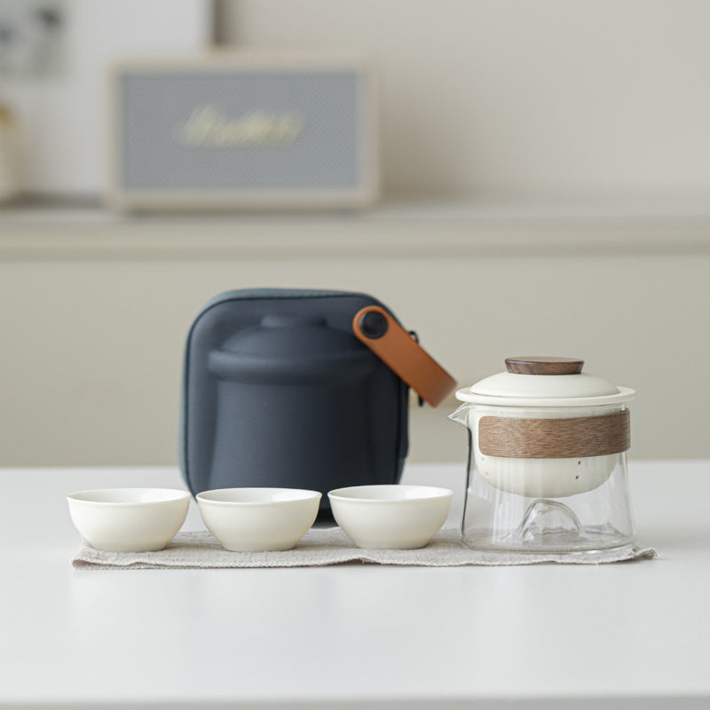 Ivory / Clear Glass mountain-base glass brewer with ceramic infuser, three cups and blue carrying case