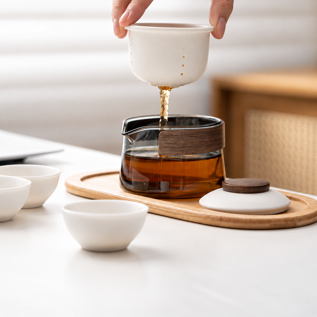 Fingertips lifting the white ceramic infuser from the glass brewer over its bamboo tray