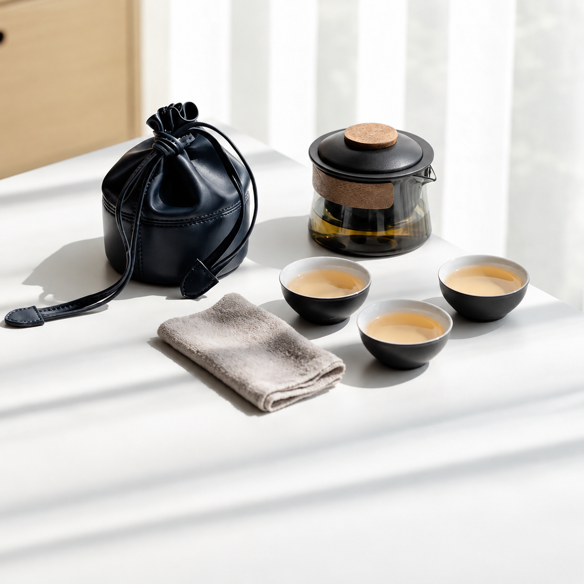 Glass tea brewer and three ceramic cups in black / drawstring pouch configuration